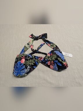 HUE Black Tropical Floral Bikini Top with Blue and Coral Accents